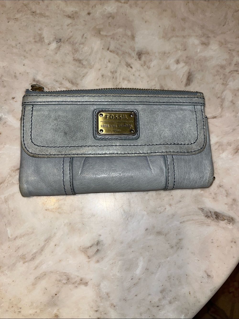 Fossil Light Blue/Gray Lamb Skin Leather Wallet with Brass Logo Plate